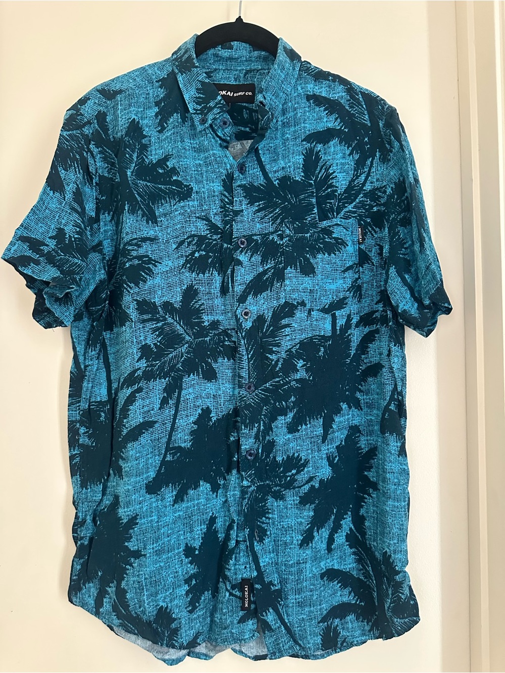 Casual Teal Palm-Print Short Sleeve Button-Down Shirt